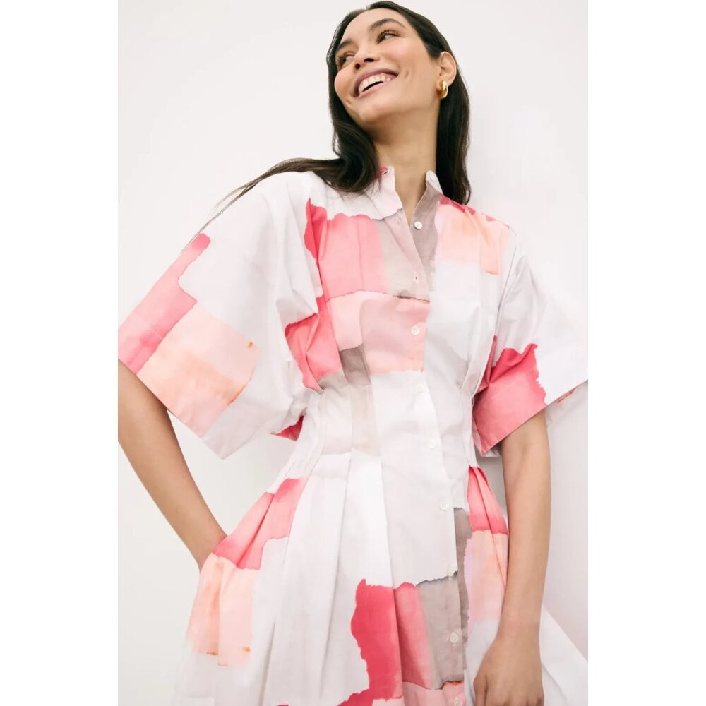 Chiyo Cotton Geometric White Pink Dress – Women’s Size M